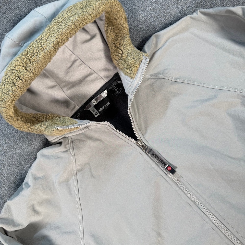 Marmot Womens Grey Softshell Fleece Lined Faux Fur Trim Full Zip Hoodie Jacket L